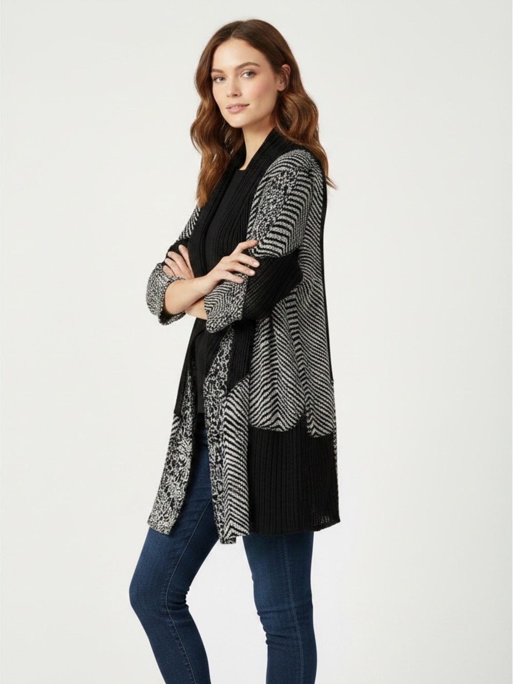 Chico's Travelers Collection Mesh Patchwork Open Front Jacket Black & Gray Sz XL